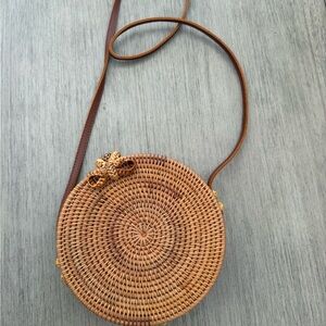 Round Woven Tan Crossbody Bag